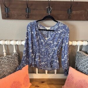 Promesa Blue Floral Button-Front Peplum Blouse NWT